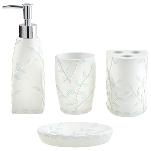 MyGift 4-Piece White Resin Bathroom Accessories Set with Embossed Powder Blue Leaf Design Includes Lotion Pump Dispenser, Tumbler, Toothbrush Holder and Soap Dish