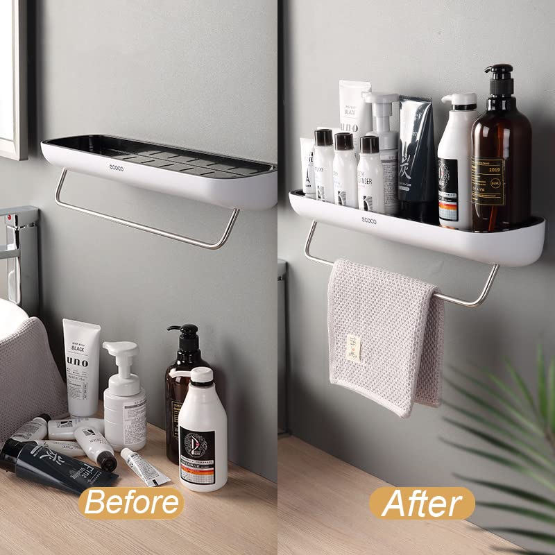 YOMEAN Bathroom Shower Caddy Stylish Shelf Design,Wall Mounted Organizer Basket With Towel Rail,Strong Self Adhesive Storage Rack for Toilet Kitchen,No Drilling (White/Black)