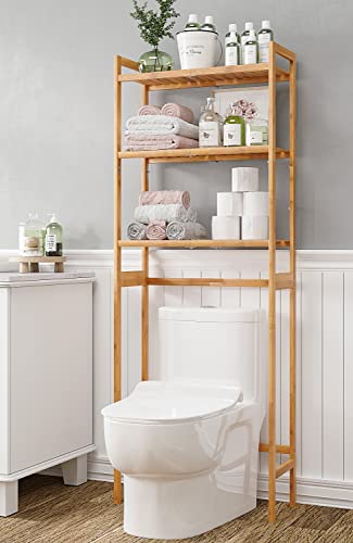 AMBIRD Over The Toilet Storage, 3-Tier Bathroom Organizer Over Toilet with Sturdy Bamboo Shelves,Multifunctional Toilet Shelf,Easy to Assemble and Saver Space, 25 * 10 * 64 Inches (Original Color)