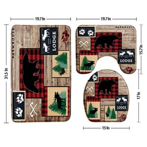 MNSC 3 Piece Bath Rugs Set,Bear Rustic Moose Buffalo Plaid Forest Animal Lodge Cabin Vintage Wooden Country Toilet Sets Non Slip Bath Mat, Water Absorbent U-Shaped Contour Toilet Mat, Toilet Lid Cover