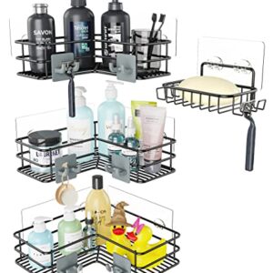 Purdaz Corner Shower Caddy Shelf Organizer with Soap Dish, Rustproof Bathroom Basket with 8 Hooks, Adhesive No Drilling, Black