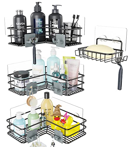 Purdaz Corner Shower Caddy Shelf Organizer with Soap Dish, Rustproof Bathroom Basket with 8 Hooks, Adhesive No Drilling, Black