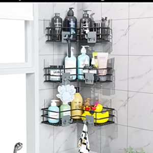 Purdaz Corner Shower Caddy Shelf Organizer with Soap Dish, Rustproof Bathroom Basket with 8 Hooks, Adhesive No Drilling, Black