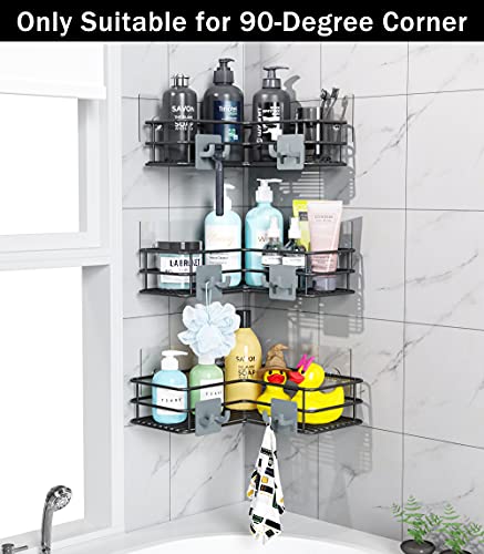 Purdaz Corner Shower Caddy Shelf Organizer with Soap Dish, Rustproof Bathroom Basket with 8 Hooks, Adhesive No Drilling, Black