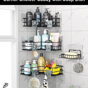 Purdaz Corner Shower Caddy Shelf Organizer with Soap Dish, Rustproof Bathroom Basket with 8 Hooks, Adhesive No Drilling, Black