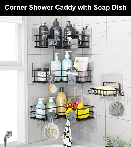 Purdaz Corner Shower Caddy Shelf Organizer with Soap Dish, Rustproof Bathroom Basket with 8 Hooks, Adhesive No Drilling, Black