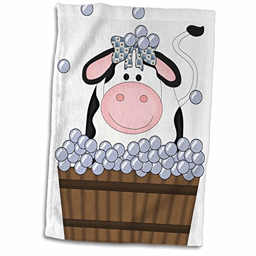 3D Rose Cute Girl Cow in A Wooden Bath Tub with Bubbles Hand Towel, 15" x 22", Multicolor