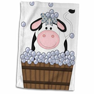 3D Rose Cute Girl Cow in A Wooden Bath Tub with Bubbles Hand Towel, 15" x 22", Multicolor