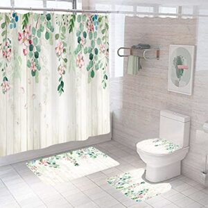 mightree bathroom shower curtains 4 pcs set, waterproof fabric bathroom curtain with 12 hooks, toilet lid cover and bath mat, non-slip rug foot mat, pink flower, medium