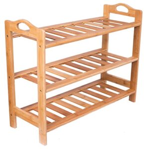 birdrock home 3 tier free standing shoe rack with handles - natural bamboo - wood - closets and entryway - storage organizer stand - fits 9 pairs of shoes