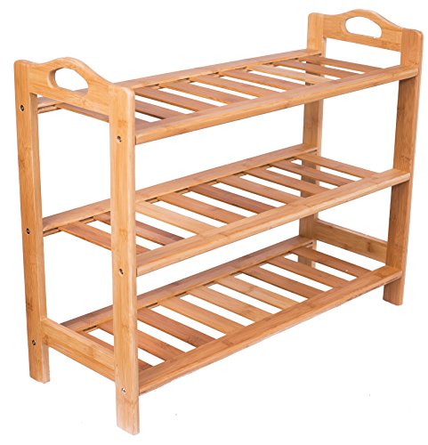 BirdRock Home 3 Tier Free Standing Shoe Rack with Handles - Natural Bamboo - Wood - Closets and Entryway - Storage Organizer Stand - Fits 9 Pairs of Shoes