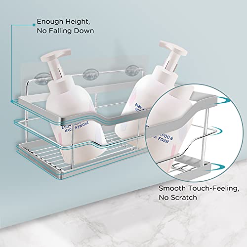 Sooreally Adhesive Shower Caddy Shelf Organizer, 2 Pack Bathroom Storage Rack with 8 Hooks and 3 Suction Stickers for Inside Shower, SUS304 Rustproof, No Drilling Wall Mounted (Polished Silver)