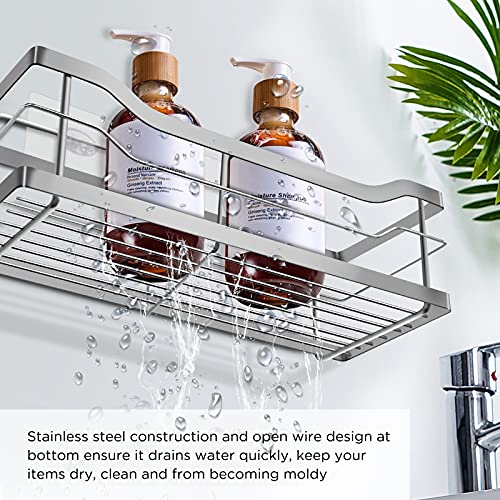 Sooreally Adhesive Shower Caddy Shelf Organizer, 2 Pack Bathroom Storage Rack with 8 Hooks and 3 Suction Stickers for Inside Shower, SUS304 Rustproof, No Drilling Wall Mounted (Polished Silver)