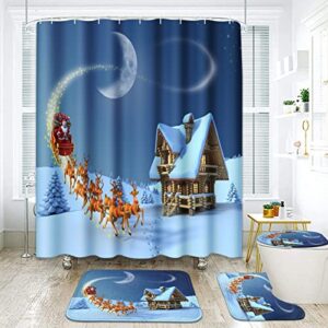 artsocket 4 pcs shower curtain set christmas night scene santa claus with non-slip rugs toilet lid cover and bath mat bathroom decor set 72" x 72"