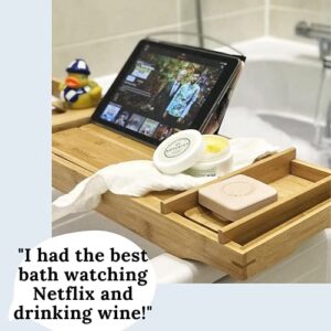 Bath Caddy Tray for Tub: Bamboo Bathtub Tray Caddy Expandable with Wine Glass Holder and Book Stand. Luxury Bubble Bath Accessories & Spa Decor. Self Care Gifts for Women, Birthday Gift for Mom.