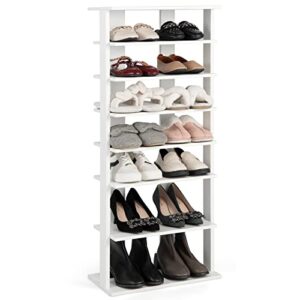 giantex 7-tier wooden shoe rack, patented double row shoe organizer for 14 pairs, customizable height, space-saving shoe storage stand for entryway, hallway, living room, bedroom (white, double)