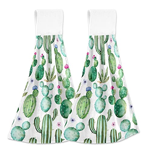 Aslsiy Cactus Hanging Kitchen Towels Tropical Plant Succulent Cacti Flowers Bathroom Hand Tie Towel Fast Drying Dish Tea Towels for Bath Tabletop Gym Home Decor Set of 2