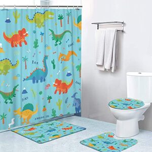 lokmu 4 pcs shower curtain sets with non-slip rugs, toilet lid cover and bath mat,cute cartoon dinosaurs on blue waterproof shower curtain with 12 hooks, bathroom decor sets, 72"x 72"