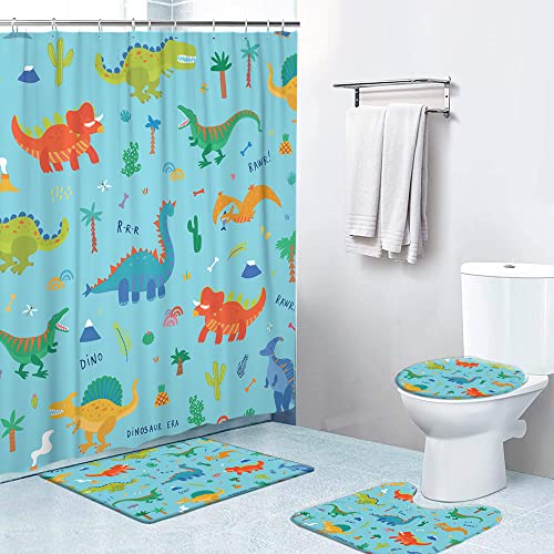 LOKMU 4 Pcs Shower Curtain Sets with Non-Slip Rugs, Toilet Lid Cover and Bath Mat,Cute Cartoon Dinosaurs On Blue Waterproof Shower Curtain with 12 Hooks, Bathroom Decor Sets, 72"x 72"