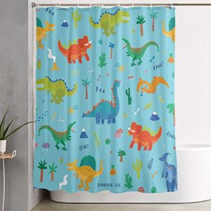 LOKMU 4 Pcs Shower Curtain Sets with Non-Slip Rugs, Toilet Lid Cover and Bath Mat,Cute Cartoon Dinosaurs On Blue Waterproof Shower Curtain with 12 Hooks, Bathroom Decor Sets, 72"x 72"