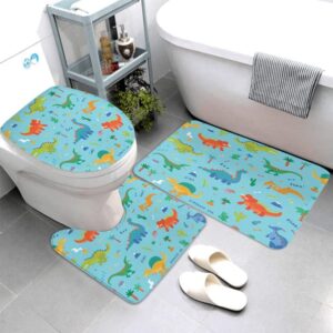 LOKMU 4 Pcs Shower Curtain Sets with Non-Slip Rugs, Toilet Lid Cover and Bath Mat,Cute Cartoon Dinosaurs On Blue Waterproof Shower Curtain with 12 Hooks, Bathroom Decor Sets, 72"x 72"