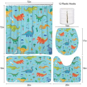 LOKMU 4 Pcs Shower Curtain Sets with Non-Slip Rugs, Toilet Lid Cover and Bath Mat,Cute Cartoon Dinosaurs On Blue Waterproof Shower Curtain with 12 Hooks, Bathroom Decor Sets, 72"x 72"