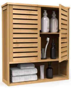 purbambo bathroom wall cabinet, bamboo wall mount medicine cabinet storage organizer, double doors & 3 tier adjustable shelf