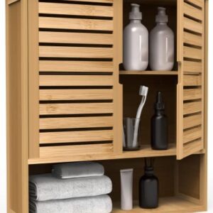 Purbambo Bathroom Wall Cabinet, Bamboo Wall Mount Medicine Cabinet Storage Organizer, Double Doors & 3 Tier Adjustable Shelf