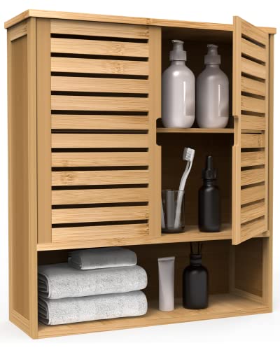 Purbambo Bathroom Wall Cabinet, Bamboo Wall Mount Medicine Cabinet Storage Organizer, Double Doors & 3 Tier Adjustable Shelf