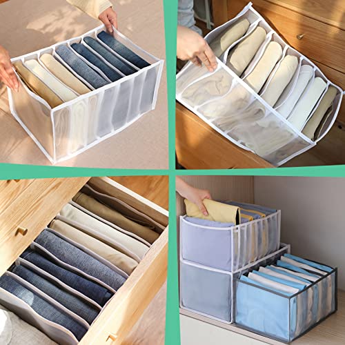 SPRFUFLY Upgraded Wardrobe Clothes Organizer 7 Grids, Large Closet Organizers and Storage Baskets for Jeans Dress Sweatshirt Sweatpants(White+Gray, 2P)