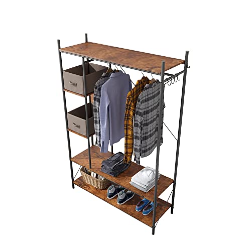 PAUKIN Industrial Entryway Hall Trees with Hooks, Storage Shelves and Shoes Bench, Freestanding Closet Organizer Clothes Rack with Coat Rack, Closet Garments Shelf for Hallway, Bedroom