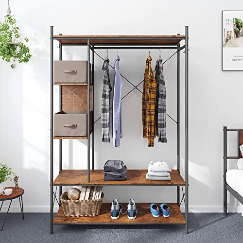 PAUKIN Industrial Entryway Hall Trees with Hooks, Storage Shelves and Shoes Bench, Freestanding Closet Organizer Clothes Rack with Coat Rack, Closet Garments Shelf for Hallway, Bedroom