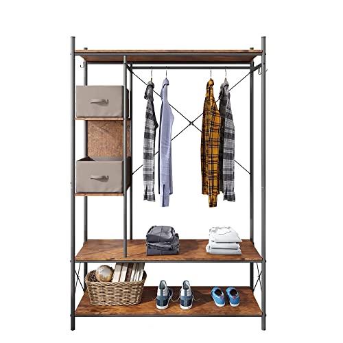 PAUKIN Industrial Entryway Hall Trees with Hooks, Storage Shelves and Shoes Bench, Freestanding Closet Organizer Clothes Rack with Coat Rack, Closet Garments Shelf for Hallway, Bedroom