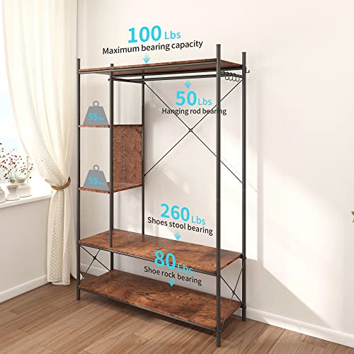 PAUKIN Industrial Entryway Hall Trees with Hooks, Storage Shelves and Shoes Bench, Freestanding Closet Organizer Clothes Rack with Coat Rack, Closet Garments Shelf for Hallway, Bedroom