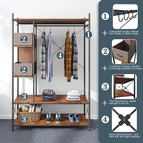 PAUKIN Industrial Entryway Hall Trees with Hooks, Storage Shelves and Shoes Bench, Freestanding Closet Organizer Clothes Rack with Coat Rack, Closet Garments Shelf for Hallway, Bedroom