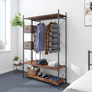 PAUKIN Industrial Entryway Hall Trees with Hooks, Storage Shelves and Shoes Bench, Freestanding Closet Organizer Clothes Rack with Coat Rack, Closet Garments Shelf for Hallway, Bedroom