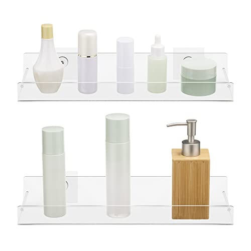 Navaris Acrylic Shower Shelves - Set of 2 - No Drilling Clear Bathroom Shelves - Self Adhesive Wall Mounted Transparent Shelf - 15"x3.9"x2.7" - 2-Pack