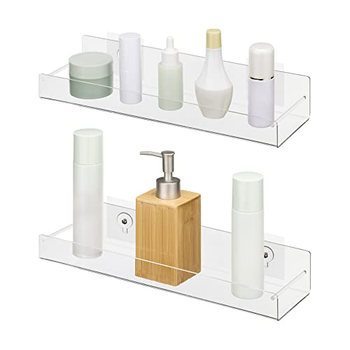 Navaris Acrylic Shower Shelves - Set of 2 - No Drilling Clear Bathroom Shelves - Self Adhesive Wall Mounted Transparent Shelf - 15"x3.9"x2.7" - 2-Pack