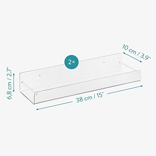 Navaris Acrylic Shower Shelves - Set of 2 - No Drilling Clear Bathroom Shelves - Self Adhesive Wall Mounted Transparent Shelf - 15"x3.9"x2.7" - 2-Pack