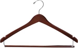 the great american hanger company curved wood suit hanger w/locking bar, box of 25 17 inch hangers w/walnut finish & chrome swivel hook & notches for shirt dress or pants