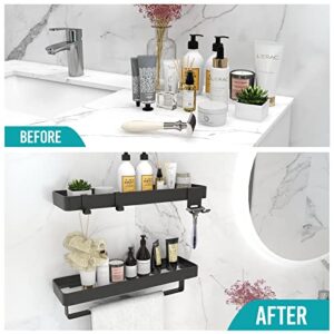 Boiarc Bathroom Shelves Acrylic Shower Shelves Wall Mounted Glass Shelves for Bathroom 2 Tier No Drilling Shower Shelf Storage Organizer with Towel Bar Black Acrylic Shower Caddy for Bathroom Kitchen