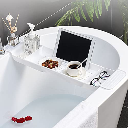 Bathtub Caddy Tray, Expandable Bath Shelf, Adjustable Plastic Bathtub Caddy, Bathroom Tray, Bathtub Accessories & Bathroom Gadgets - Unique Gift Idea (7Wx31Lin, White)