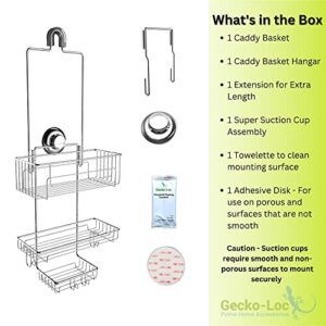 Gecko-Loc EXCLUSIVE Long Adjustable Length Hanging Bathroom Over the Shower head Hanger, Suction Cup Shower Caddy/Organizer - Deep Storage for large bottles - Stainless Steel (Silver)