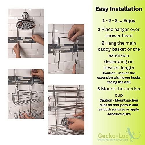 Gecko-Loc EXCLUSIVE Long Adjustable Length Hanging Bathroom Over the Shower head Hanger, Suction Cup Shower Caddy/Organizer - Deep Storage for large bottles - Stainless Steel (Silver)