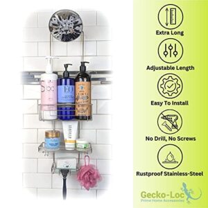Gecko-Loc EXCLUSIVE Long Adjustable Length Hanging Bathroom Over the Shower head Hanger, Suction Cup Shower Caddy/Organizer - Deep Storage for large bottles - Stainless Steel (Silver)