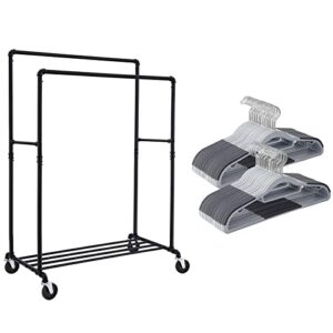 songmics industrial pipe clothes rack bundle with 50 clothes hangers, rolling garment rack with bottom storage shelf, space-saving plastic hangers with tie bars uhsr60b and ucrp20g50