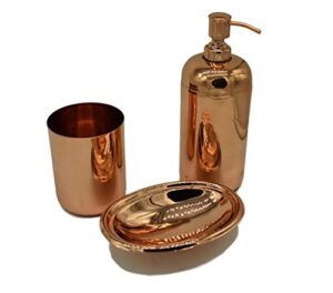 kauri copper 3 piece bathroom accessory set | soap dish cotton ball q-tip holder soap dispenser in copper