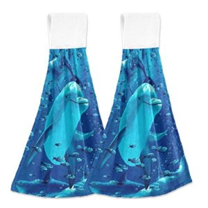 cooldeer 2 pcs dolphin blue kitchen hand towels fast dry hanging tie towels absorbent soft coral velvet dish wipe cloth for kitchen bathroom use