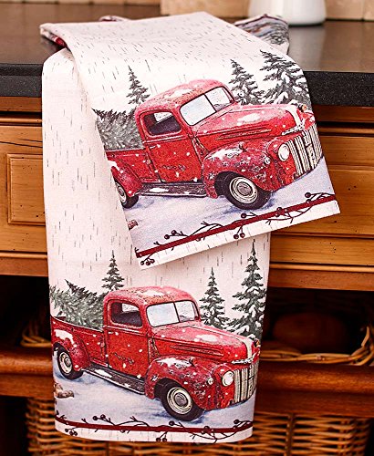 The Lakeside Collection Vintage Country Dish Towels with Red Pick Up Truck - Set of 2