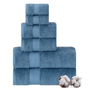 textilom 100% turkish cotton 6 pcs bath towel set, luxury bath towels for bathroom, soft & absorbent bathroom towels set (2 bath towels, 2 hand towels, 2 washcloths)- mid blue